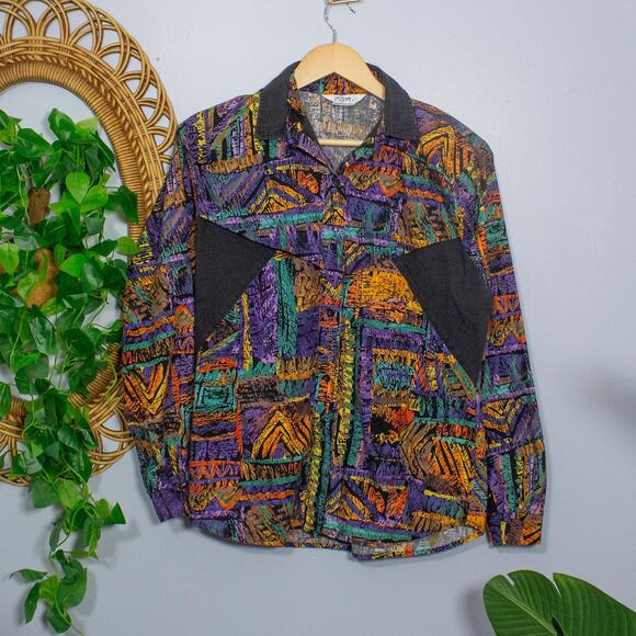 Vtg Roper Western Shirt Abstract Geometric Southwest Button Up L | Dark Autumn - Picture 11 of 11